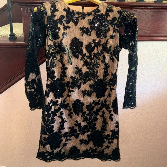 Dress the Population Dresses & Skirts - Dress the Population Size XS Sheer Mesh Lacey Mesh Sequin Long Sleeve Mini Dress